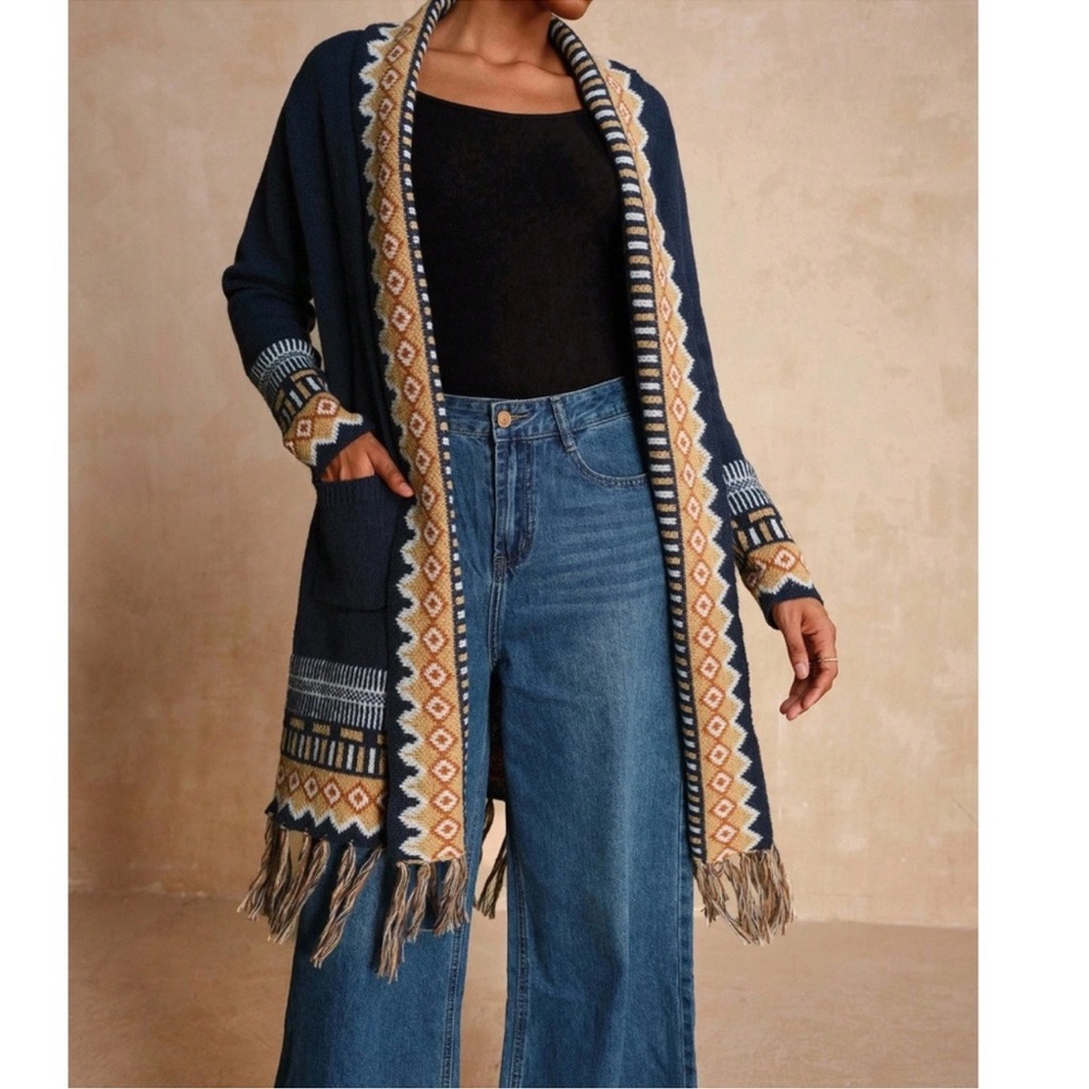 Cozy Geo Print Open Front Tassel hem Loose Fit Cardigan S M L